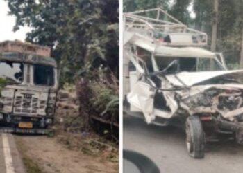 बृजमनगंज: कोमल चौराहे पर ट्रक से टकराई ब्रेड लदी पिकअप, चालक गंभीर घायल