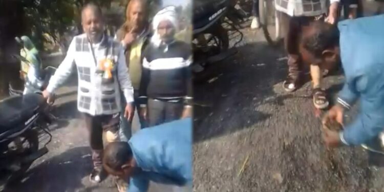 बृजमनगंज में सड़क मरम्मत की खुली पोल, बिना डामर गिट्टी डालने का वीडियो वायरल